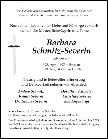 Anzeige von Barbara Schmitz-Severin von Kölner Stadt-Anzeiger / Kölnische Rundschau / Express