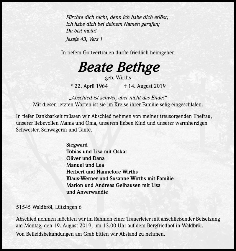  Traueranzeige für Beate Bethge vom 16.08.2019 aus Kölner Stadt-Anzeiger / Kölnische Rundschau / Express