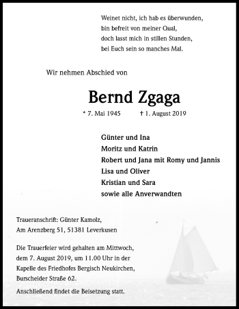 Anzeige von Bernd Zgaga von Kölner Stadt-Anzeiger / Kölnische Rundschau / Express