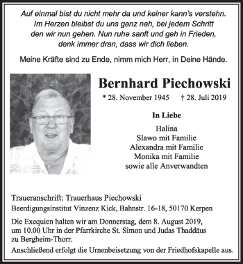 Anzeige von Bernhard Piechowski von  Sonntags-Post 