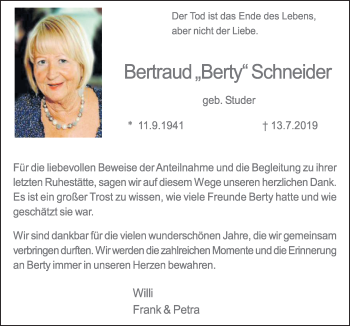 Anzeige von Bertraud Schneider von  Schlossbote/Werbekurier 