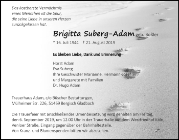Anzeige von Brigitta Suberg-Adam von Kölner Stadt-Anzeiger / Kölnische Rundschau / Express