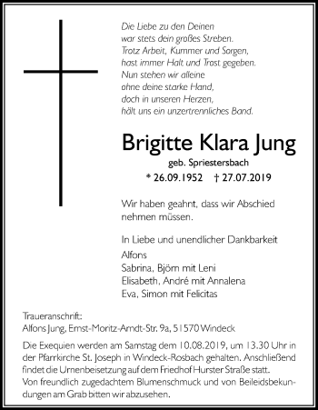 Anzeige von Brigitte Klara Jung von Kölner Stadt-Anzeiger / Kölnische Rundschau / Express