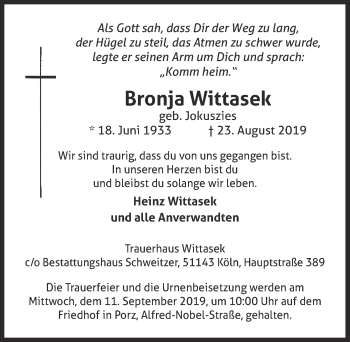 Anzeige von Bronja Wittasek von  Kölner Wochenspiegel 