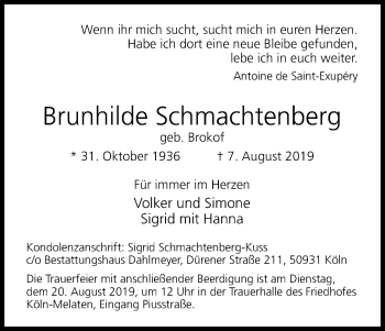 Anzeige von Brunhilde Schmachtenberg von Kölner Stadt-Anzeiger / Kölnische Rundschau / Express