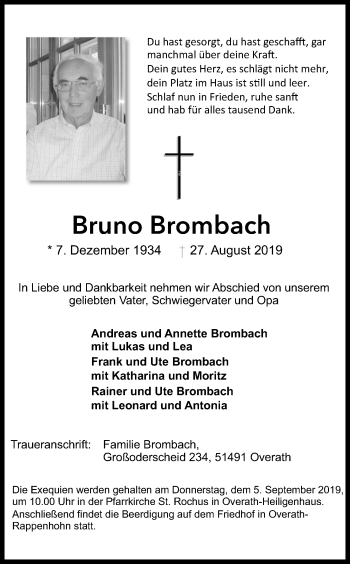 Anzeige von Bruno Brombach von Kölner Stadt-Anzeiger / Kölnische Rundschau / Express