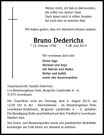 Anzeige von Bruno Dederichs von Kölner Stadt-Anzeiger / Kölnische Rundschau / Express