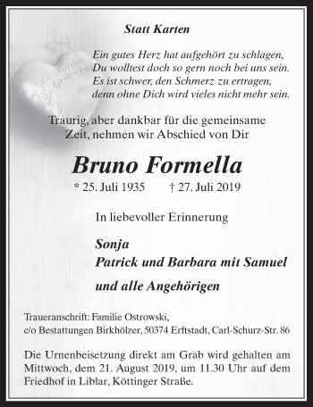 Anzeige von Bruno Formella von  Werbepost 