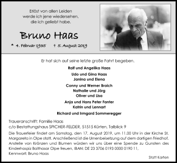 Anzeige von Bruno Haas von Kölner Stadt-Anzeiger / Kölnische Rundschau / Express