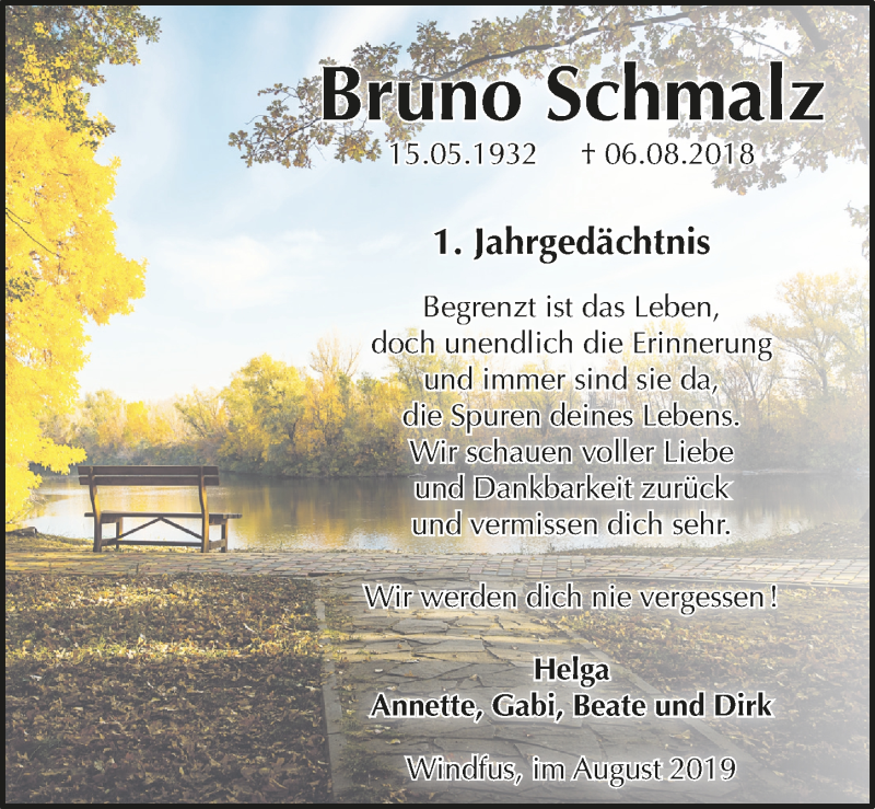  Traueranzeige für Bruno Schmalz vom 07.08.2019 aus  Anzeigen Echo 