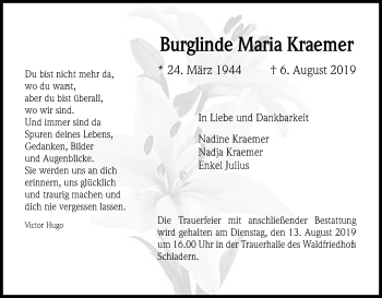 Anzeige von Burglinde Maria Kraemer von Kölner Stadt-Anzeiger / Kölnische Rundschau / Express