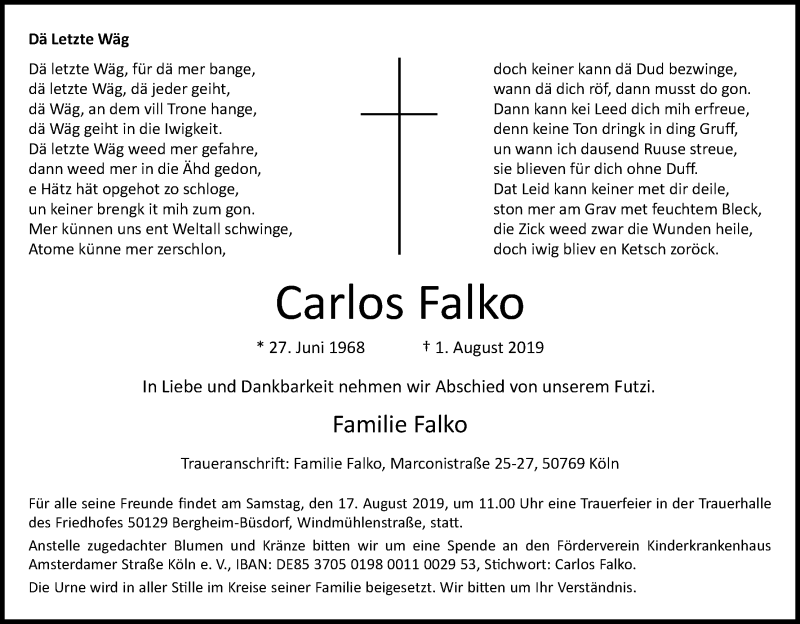  Traueranzeige für Carlos Falko vom 10.08.2019 aus Kölner Stadt-Anzeiger / Kölnische Rundschau / Express