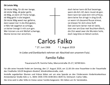 Anzeige von Carlos Falko von Kölner Stadt-Anzeiger / Kölnische Rundschau / Express