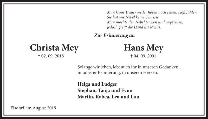  Traueranzeige für Christa Mey vom 31.08.2019 aus  Sonntags-Post 