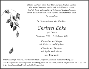 Anzeige von Christel Ebke von Kölner Stadt-Anzeiger / Kölnische Rundschau / Express