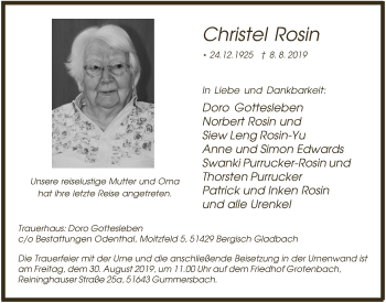 Anzeige von Christel Rosin von  Anzeigen Echo 