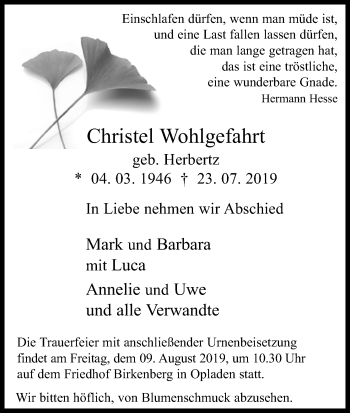 Anzeige von Christel Wohlgefahrt von Kölner Stadt-Anzeiger / Kölnische Rundschau / Express