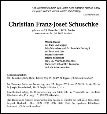 Anzeige von Christian Franz-Josef Schuschke von Kölner Stadt-Anzeiger / Kölnische Rundschau / Express