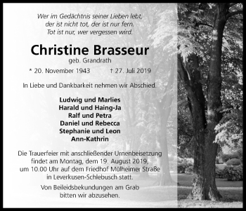 Anzeige von Christine Brasseur von Kölner Stadt-Anzeiger / Kölnische Rundschau / Express