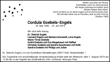 Anzeige von Cordula Goebels-Engels von Kölner Stadt-Anzeiger / Kölnische Rundschau / Express