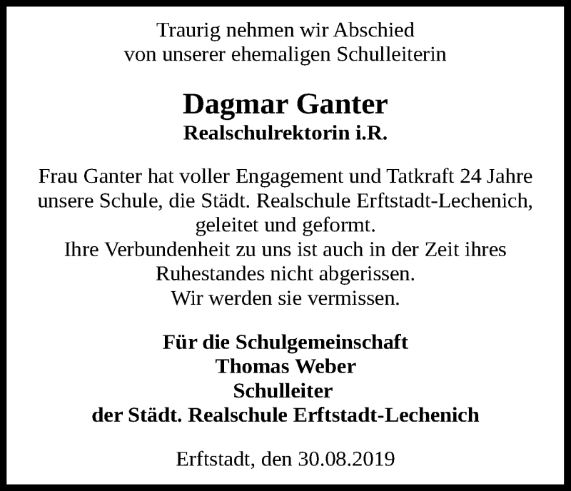  Traueranzeige für Dagmar Ganter vom 31.08.2019 aus Kölner Stadt-Anzeiger / Kölnische Rundschau / Express