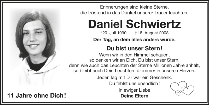  Traueranzeige für Daniel Schwiertz vom 18.07.2023 aus  Bergisches Handelsblatt 