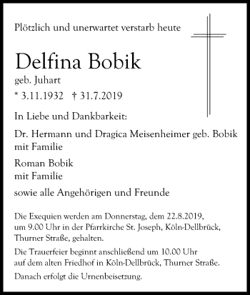 Anzeige von Delfina Bobik von Kölner Stadt-Anzeiger / Kölnische Rundschau / Express
