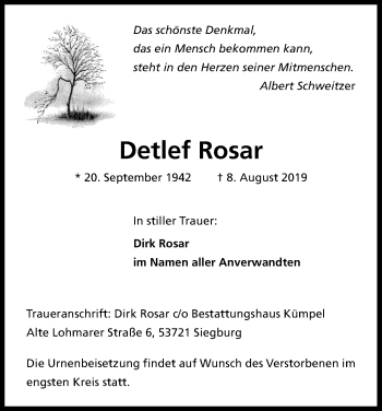 Anzeige von Detlef Rosar von Kölner Stadt-Anzeiger / Kölnische Rundschau / Express