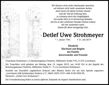 Anzeige von Detlef Uwe Strohmeyer von Kölner Stadt-Anzeiger / Kölnische Rundschau / Express
