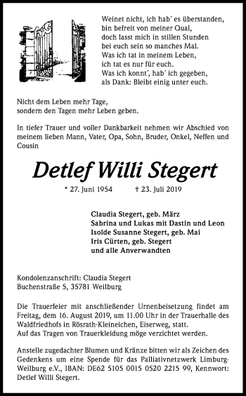 Anzeige von Detlef Willi Stegert von Kölner Stadt-Anzeiger / Kölnische Rundschau / Express