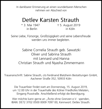 Anzeige von Detlev Karsten Strauth von Kölner Stadt-Anzeiger / Kölnische Rundschau / Express