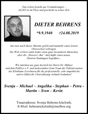Anzeige von Dieter Behrens von Kölner Stadt-Anzeiger / Kölnische Rundschau / Express