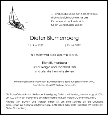 Anzeige von Dieter Blumenberg von Kölner Stadt-Anzeiger / Kölnische Rundschau / Express