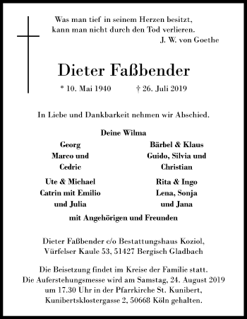 Anzeige von Dieter Faßbender von Kölner Stadt-Anzeiger / Kölnische Rundschau / Express