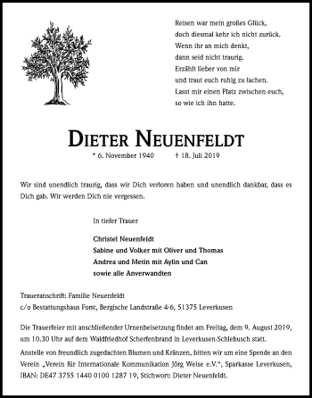 Anzeige von Dieter Neuenfeldt von Kölner Stadt-Anzeiger / Kölnische Rundschau / Express