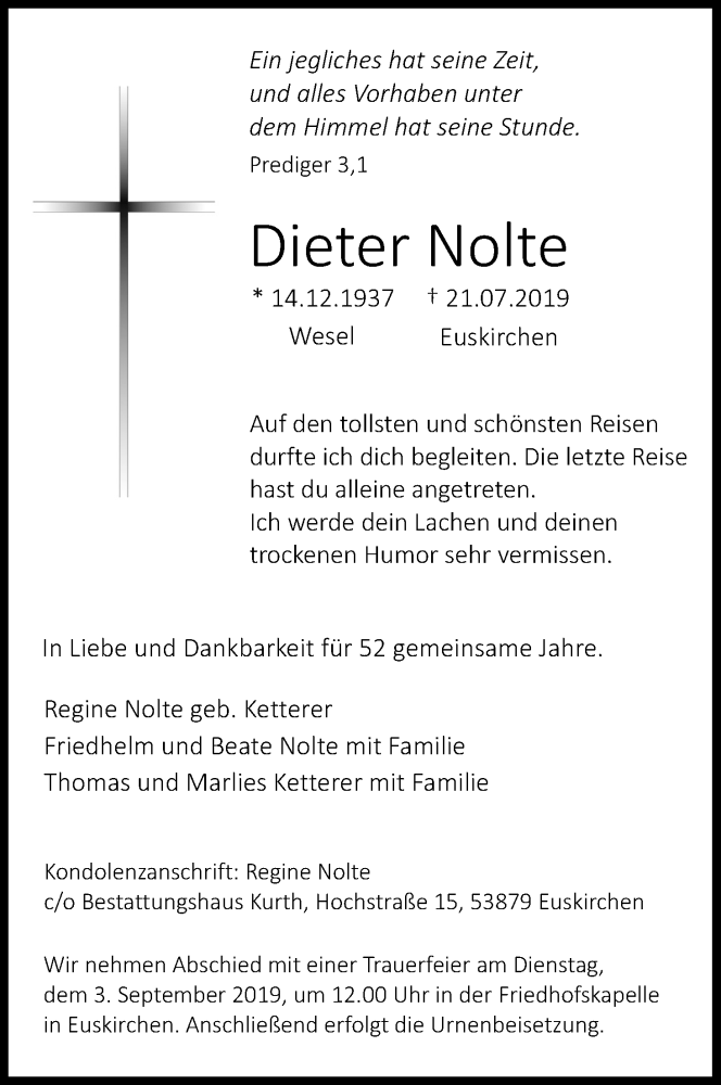  Traueranzeige für Dieter Nolte vom 03.08.2019 aus Kölner Stadt-Anzeiger / Kölnische Rundschau / Express