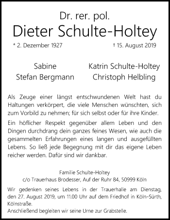 Anzeige von Dieter Schulte-Holtey von Kölner Stadt-Anzeiger / Kölnische Rundschau / Express