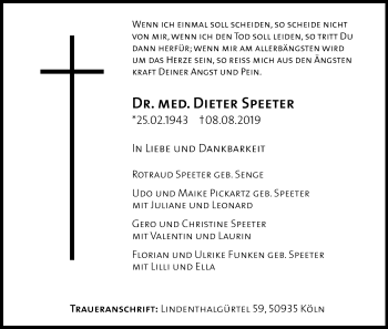 Anzeige von Dieter Speeter von Kölner Stadt-Anzeiger / Kölnische Rundschau / Express