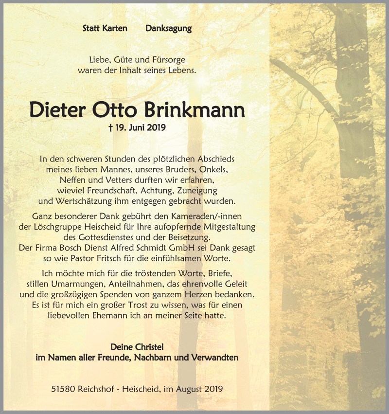  Traueranzeige für Dieter Otto Brinkmann vom 17.08.2019 aus Kölner Stadt-Anzeiger / Kölnische Rundschau / Express