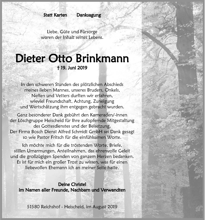  Traueranzeige für Dieter Otto Brinkmann vom 14.08.2019 aus  Anzeigen Echo 