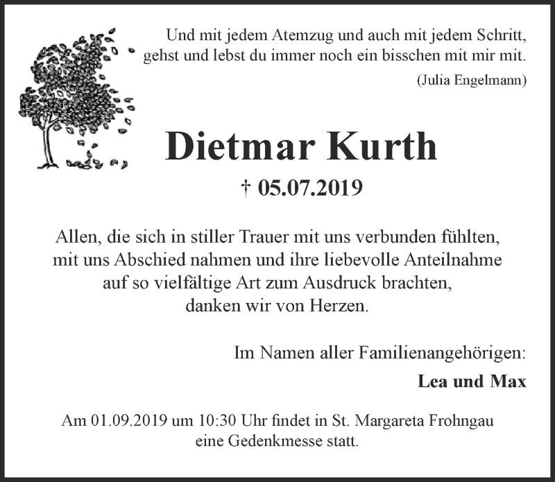  Traueranzeige für Dietmar Kurth vom 24.08.2019 aus  Blickpunkt Euskirchen 