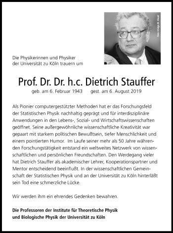 Anzeige von Dietrich Stauffer von Kölner Stadt-Anzeiger / Kölnische Rundschau / Express
