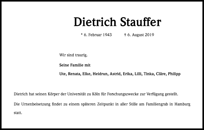  Traueranzeige für Dietrich Stauffer vom 31.08.2019 aus Kölner Stadt-Anzeiger / Kölnische Rundschau / Express