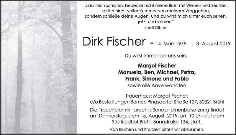  Traueranzeige für Dirk Fischer vom 14.08.2019 aus  Schlossbote/Werbekurier 