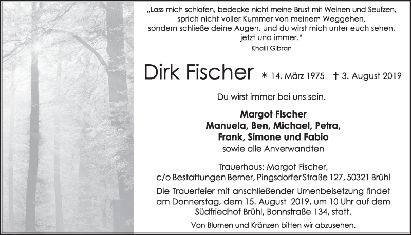  Traueranzeige für Dirk Fischer vom 18.07.2023 aus  Schlossbote/Werbekurier 