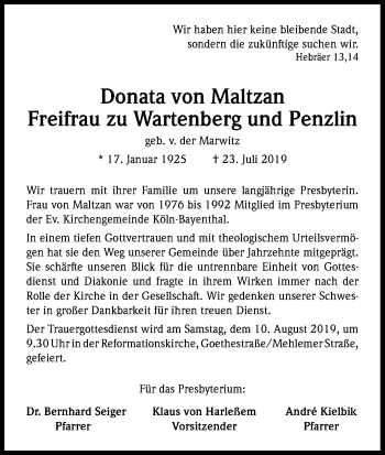 Anzeige von Donata von Maltzan Freifrau zu Wartenberg und Penzlin von Kölner Stadt-Anzeiger / Kölnische Rundschau / Express