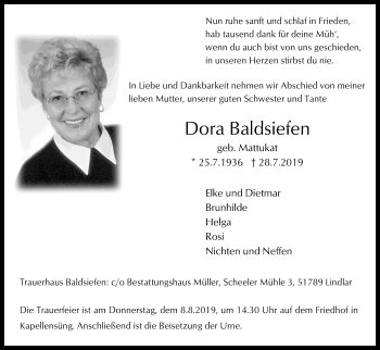 Anzeige von Dora Baldsiefen von Kölner Stadt-Anzeiger / Kölnische Rundschau / Express