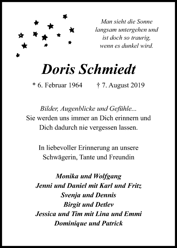  Traueranzeige für Doris Schmiedt vom 14.08.2019 aus Kölner Stadt-Anzeiger / Kölnische Rundschau / Express