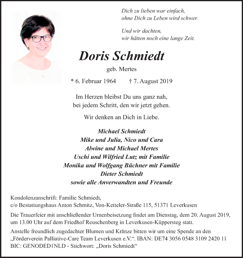  Traueranzeige für Doris Schmiedt vom 14.08.2019 aus Kölner Stadt-Anzeiger / Kölnische Rundschau / Express
