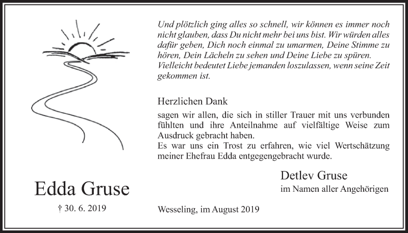 Traueranzeige für Edda Gruse vom 14.08.2019 aus  Schlossbote/Werbekurier 